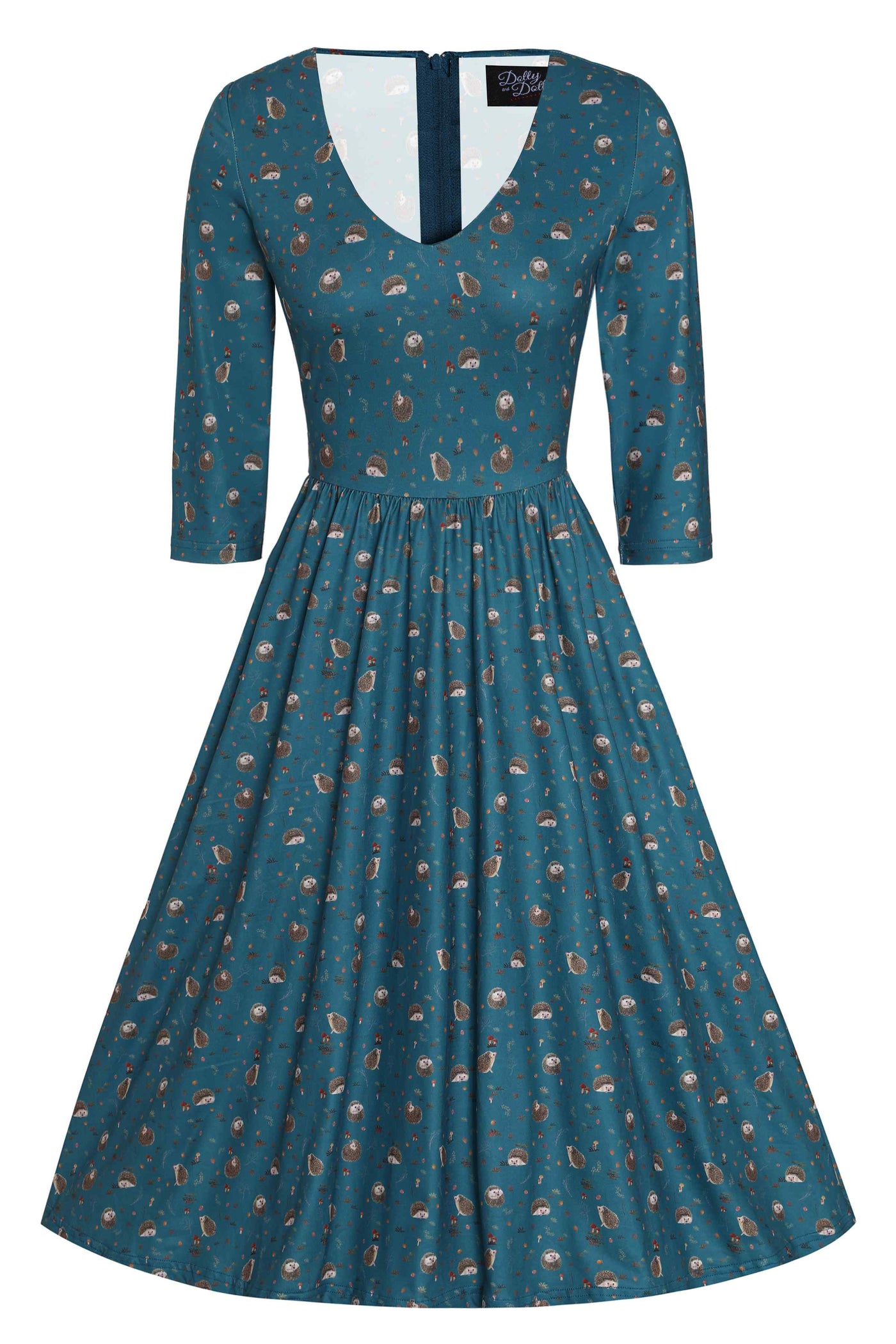 A lady wearing a Green Hedgehog & Mushroom Print Dress