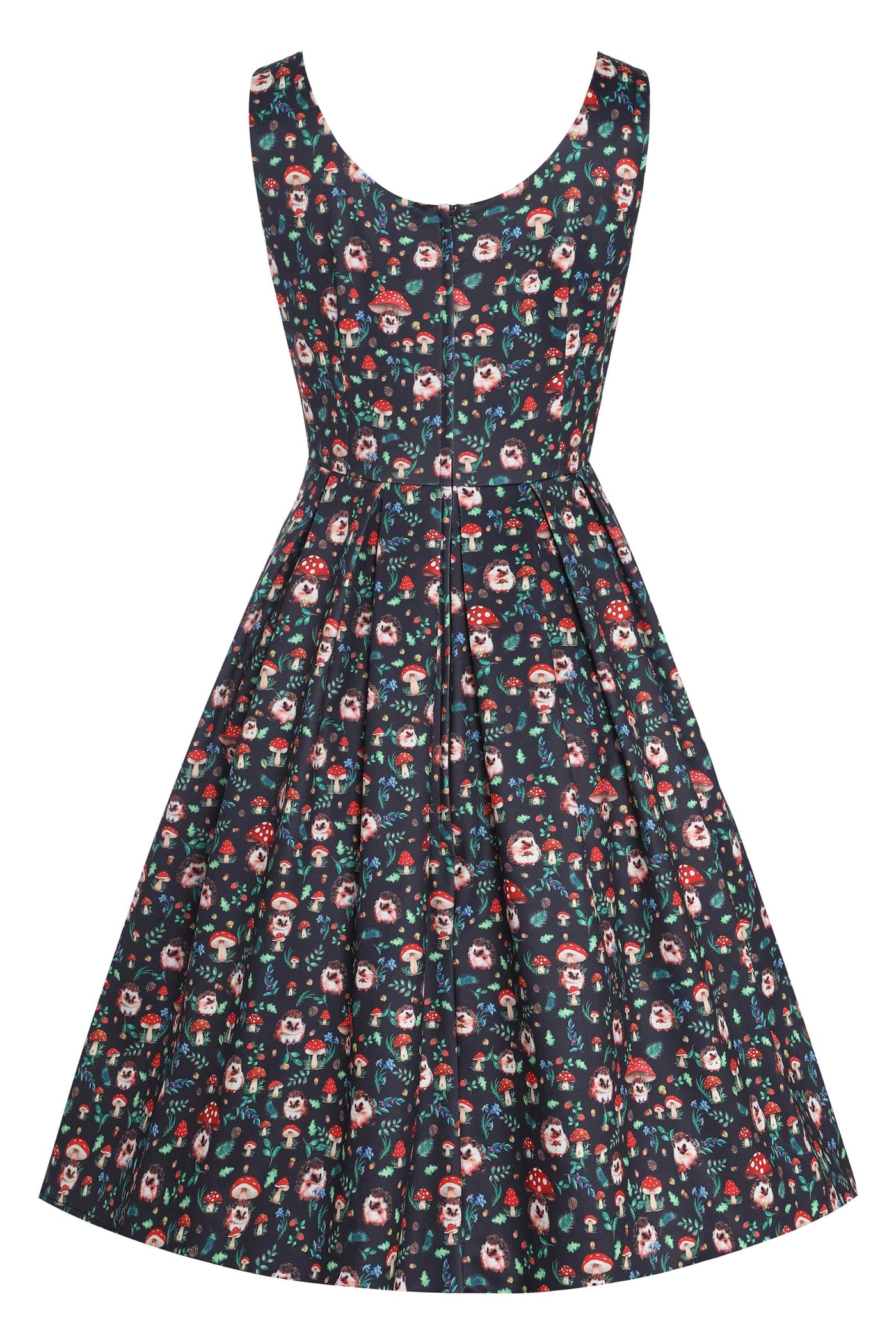 Back View of Hedgehog and Mushroom Flared Dress in Black