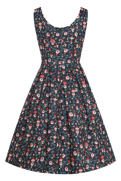 Back View of Hedgehog and Mushroom Flared Dress in Black