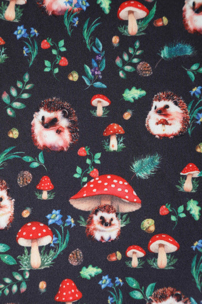 Close up View of Hedgehog and Mushroom Flared Dress in Black