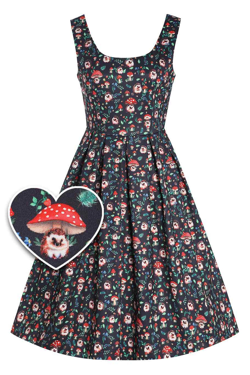 Front View of Hedgehog and Mushroom Flared Dress in Black