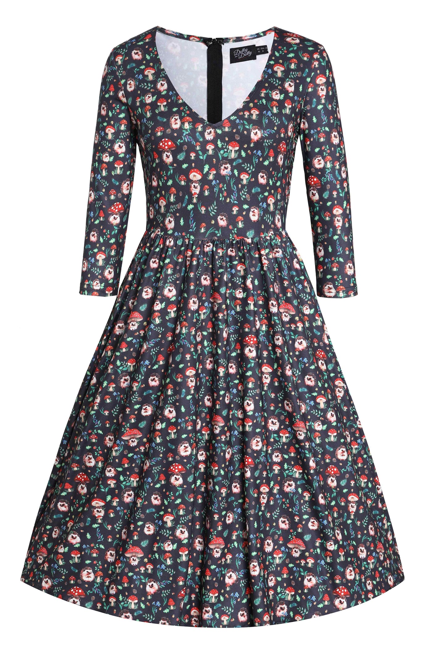 Front view of Black Hedgehog & Mushroom Print Dress