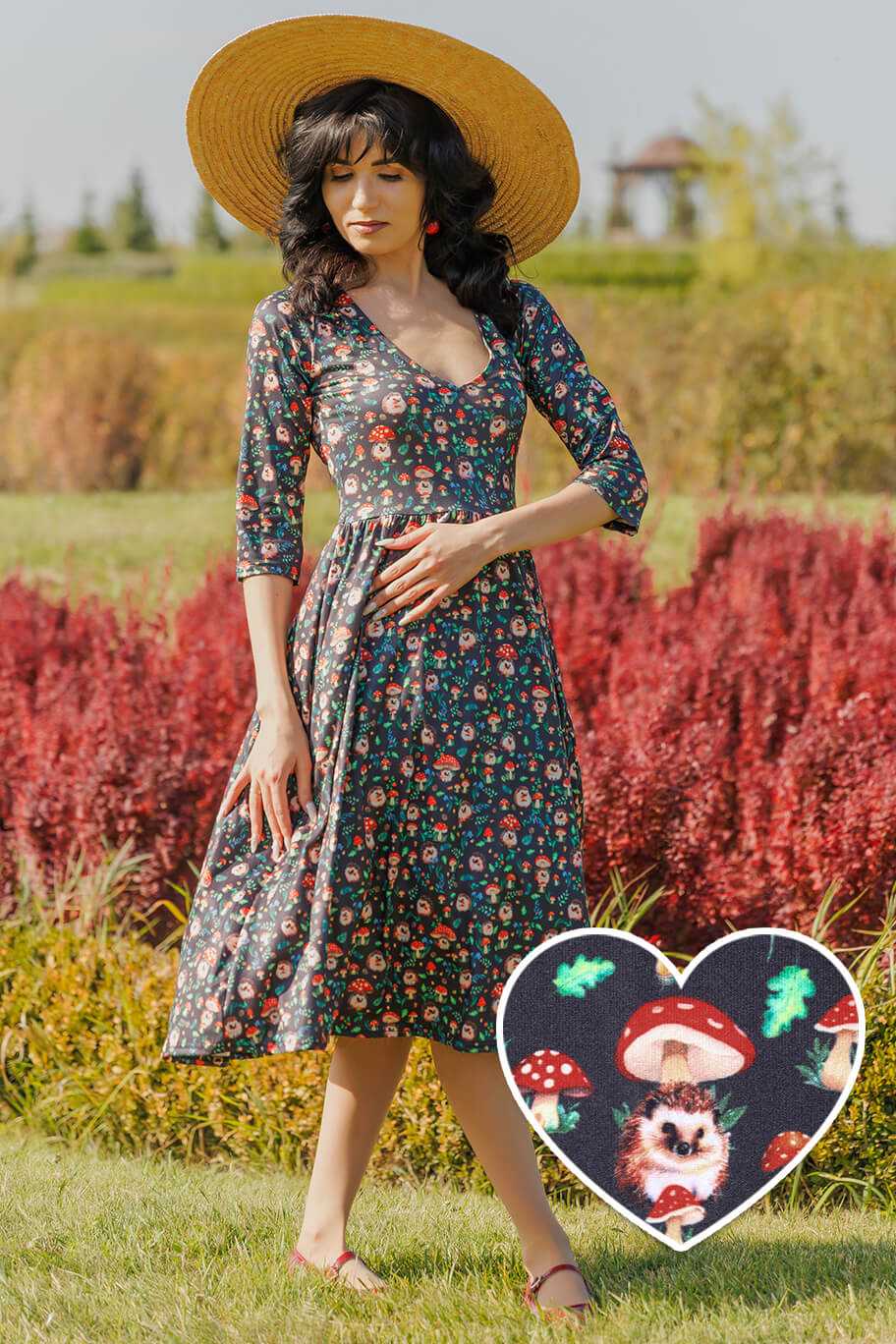 A model wearing a Black Hedgehog & Mushroom Print Dress