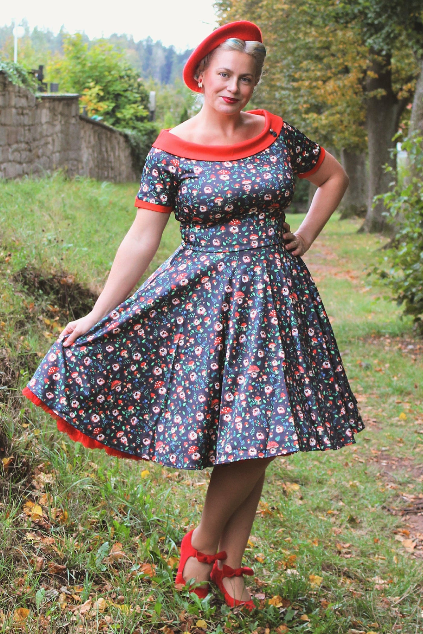A model wearing Hedgehog & Mushroom Roll Collar Dress