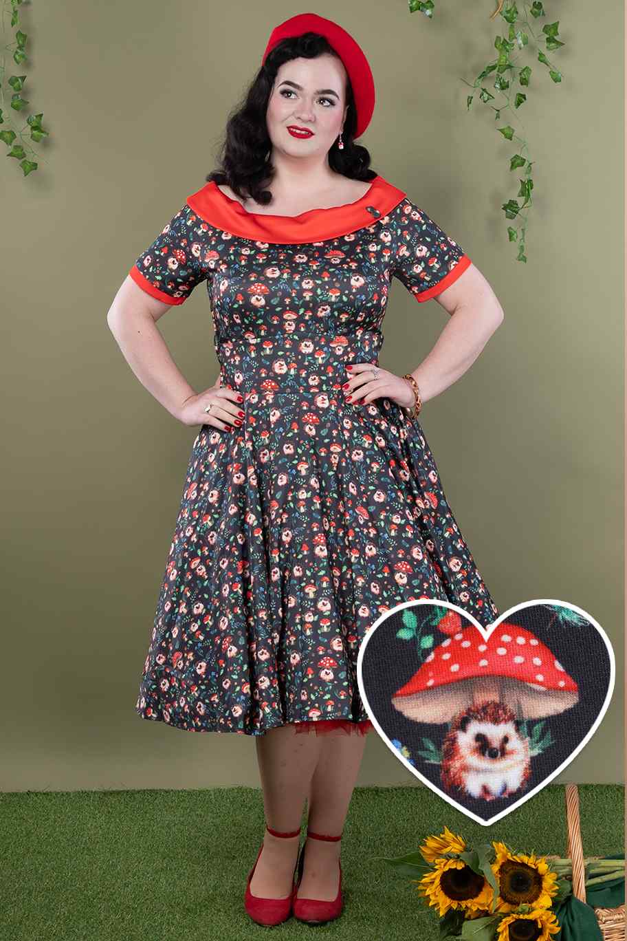 A model wearing Hedgehog & Mushroom Roll Collar Dress