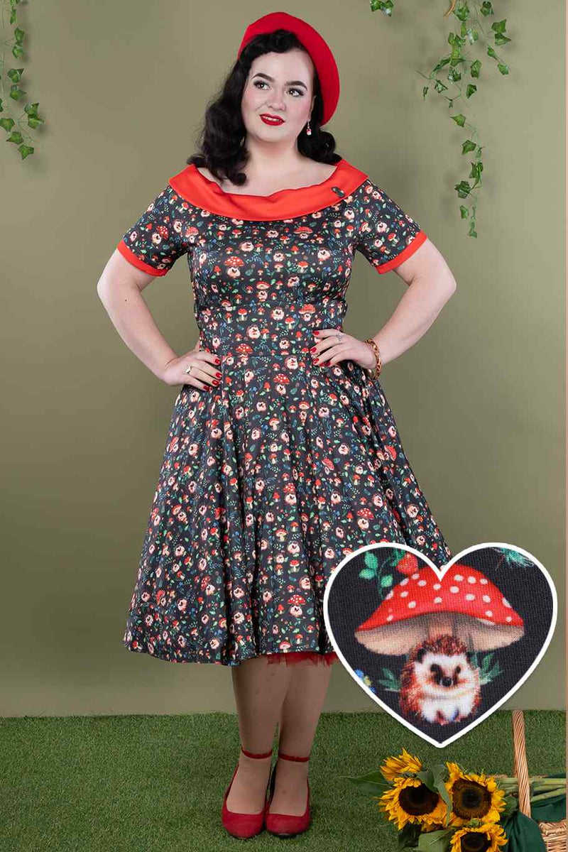 A model wearing Hedgehog & Mushroom Roll Collar Dress