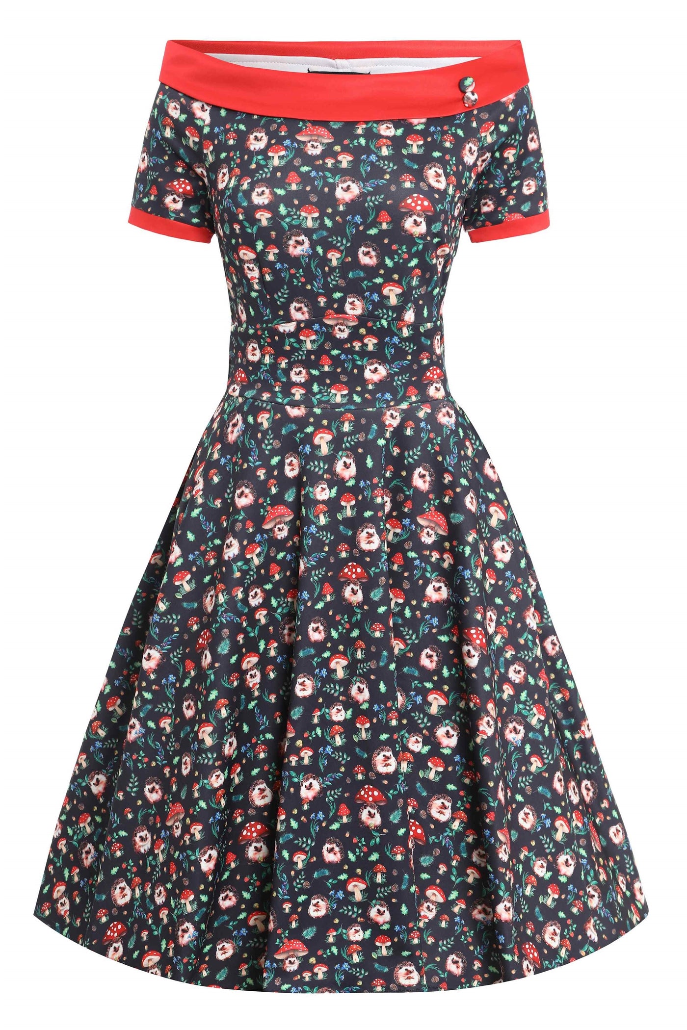 Front view of  Hedgehog & Mushroom Roll Collar Dress