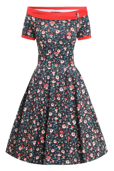 Front view of  Hedgehog & Mushroom Roll Collar Dress