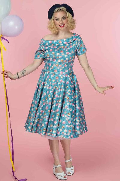A lady wearing a Hot Air Balloon Blue Swing Dress