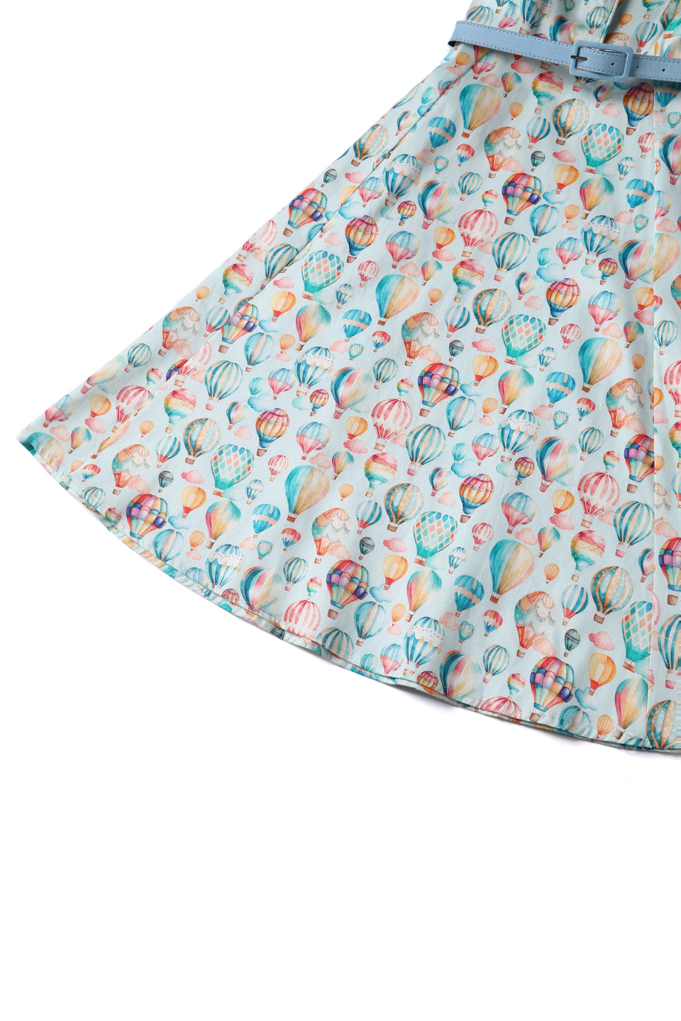 Close up view of Hot Air Balloon Festival Shirt Dress In Light Blue
