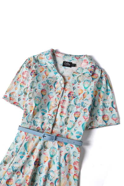 Close up view of Hot Air Balloon Festival Shirt Dress In Light Blue