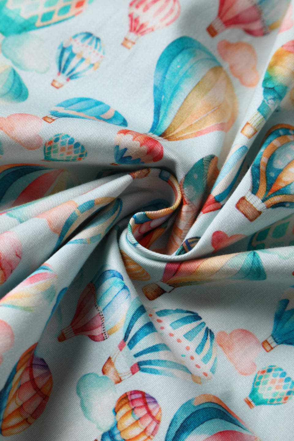 Close up view of Hot Air Balloon Festival Shirt Dress In Light Blue