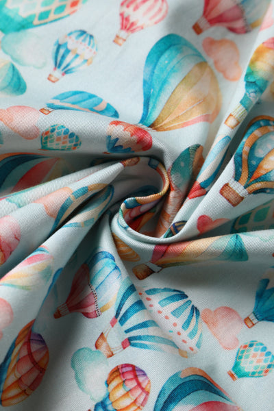 Close up view of Hot Air Balloon Festival Shirt Dress In Light Blue