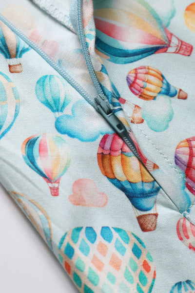 Close up view of Hot Air Balloon Festival Shirt Dress In Light Blue