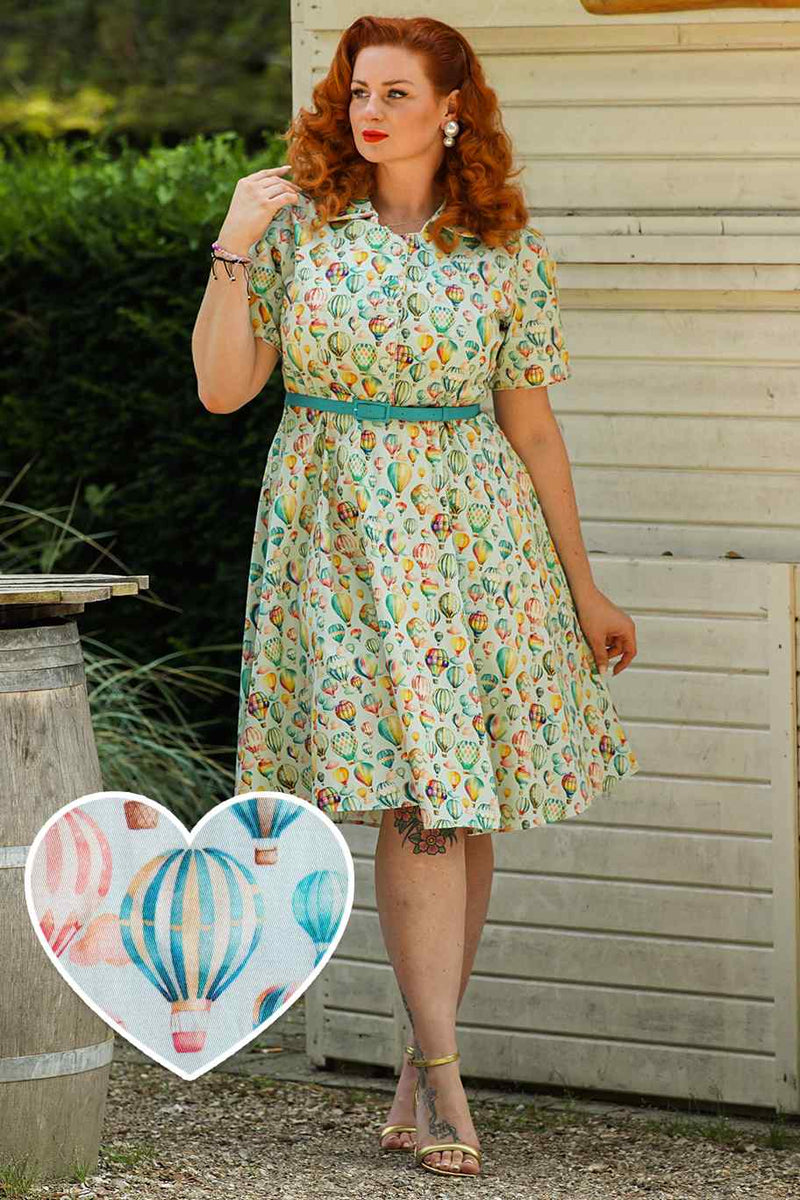 A model wearing a Hot Air Balloon Festival Shirt Dress In Light Blue