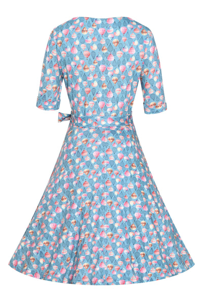 Back view of Hot Air Balloon Wrap Dress In Blue