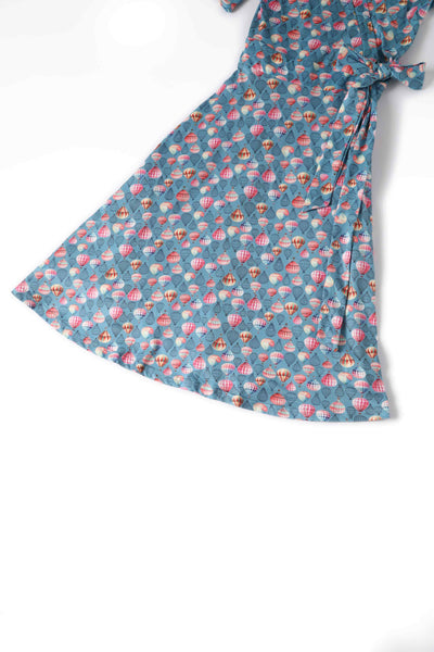 Close up view of Hot Air Balloon Wrap Dress In Blue