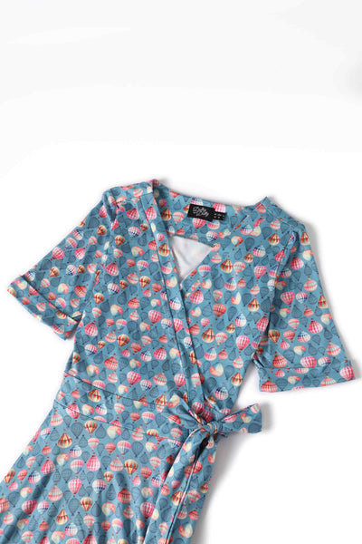 Close up view of Hot Air Balloon Wrap Dress In Blue
