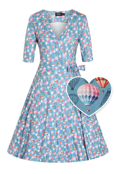 Front view of Hot Air Balloon Wrap Dress In Blue