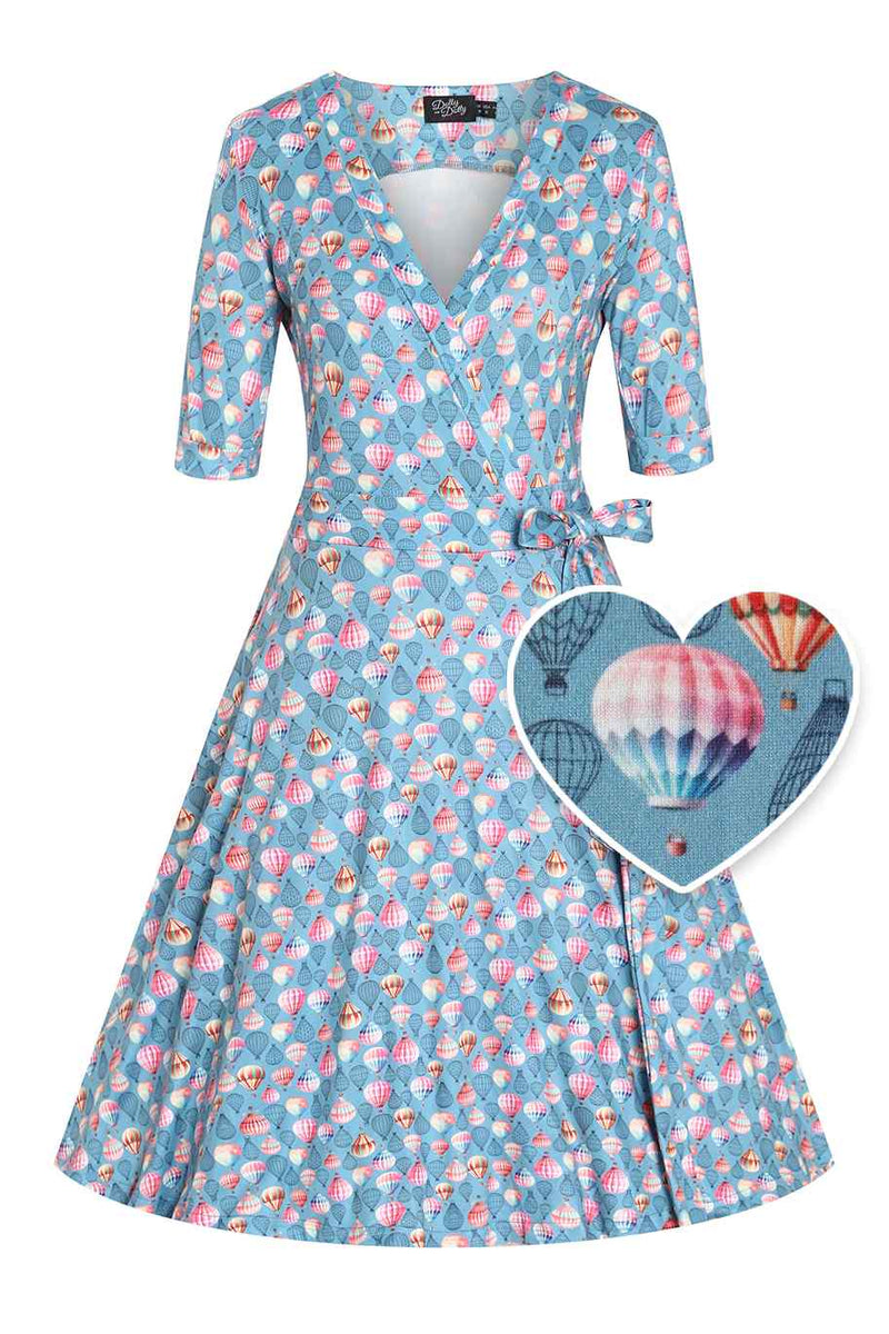 Front view of Hot Air Balloon Wrap Dress In Blue