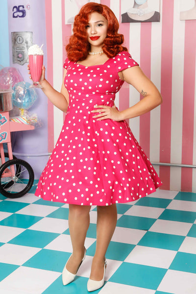 Model photo of Hot Pink Polka Dot Dress