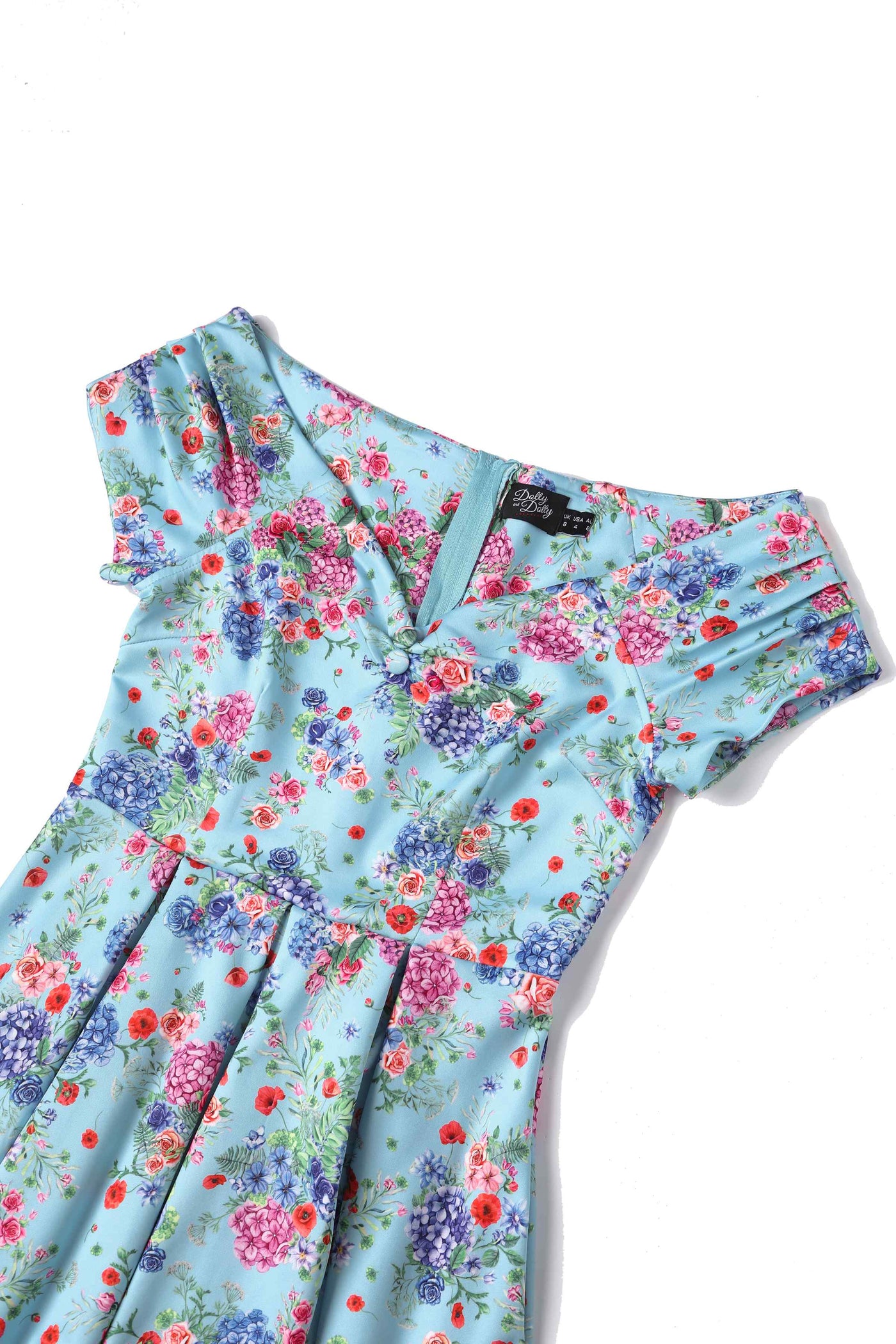 Close up view of Hydrangea Off Shoulder Dress in Blue