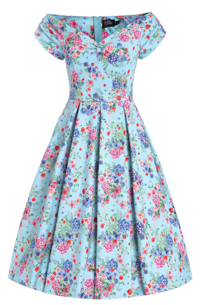 Front view of Hydrangea Off Shoulder Dress in Blue
