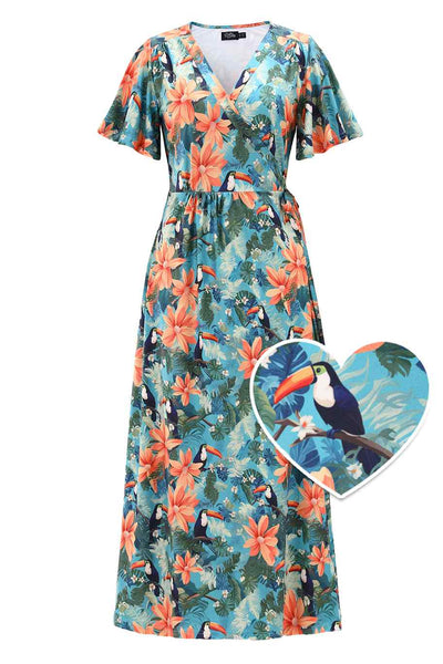 Front view of Tiki Toucan Maxi Wrap Dress
