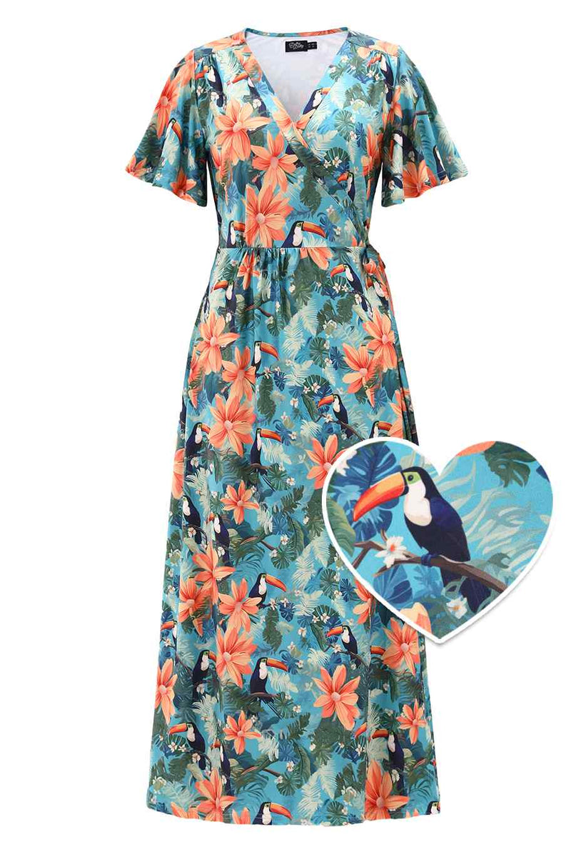 Front view of Tiki Toucan Maxi Wrap Dress