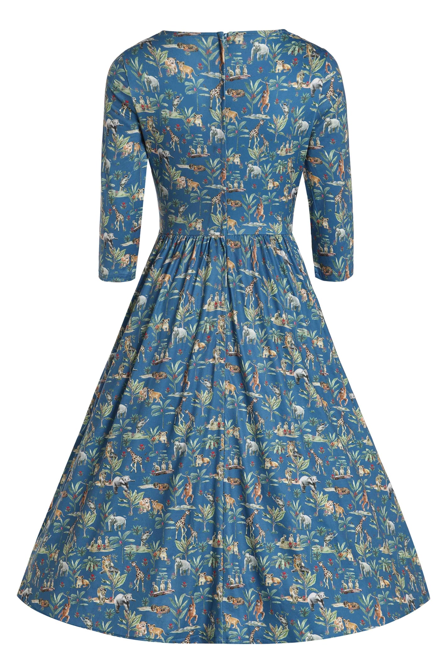 Back view of Jungle Animal Blue Long Sleeved Dress
