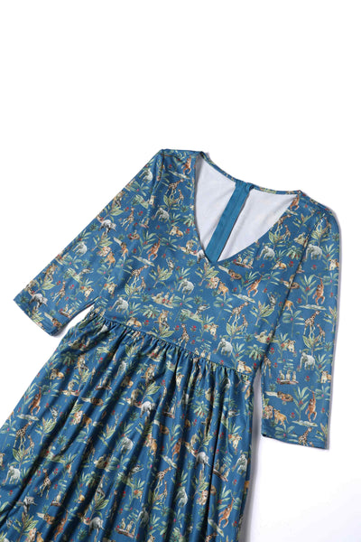 Close up view of Jungle Animal Blue Long Sleeved Dress