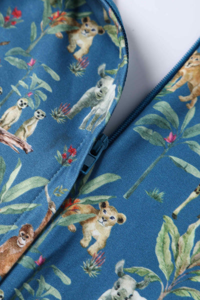Close up view of Jungle Animal Blue Long Sleeved Dress