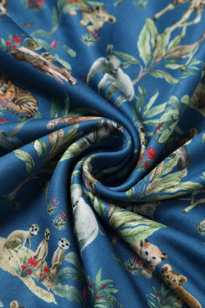 Close up view of Jungle Animal Blue Long Sleeved Dress