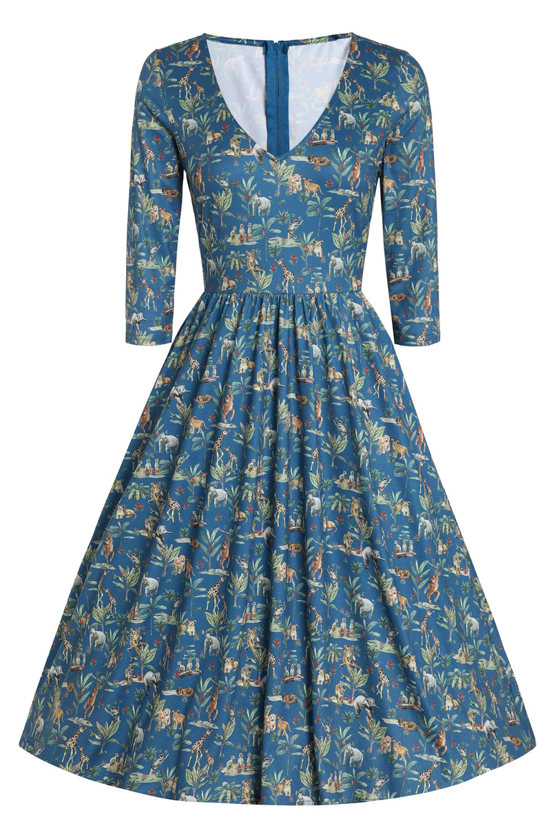 Front view of Jungle Animal Blue Long Sleeved Dress