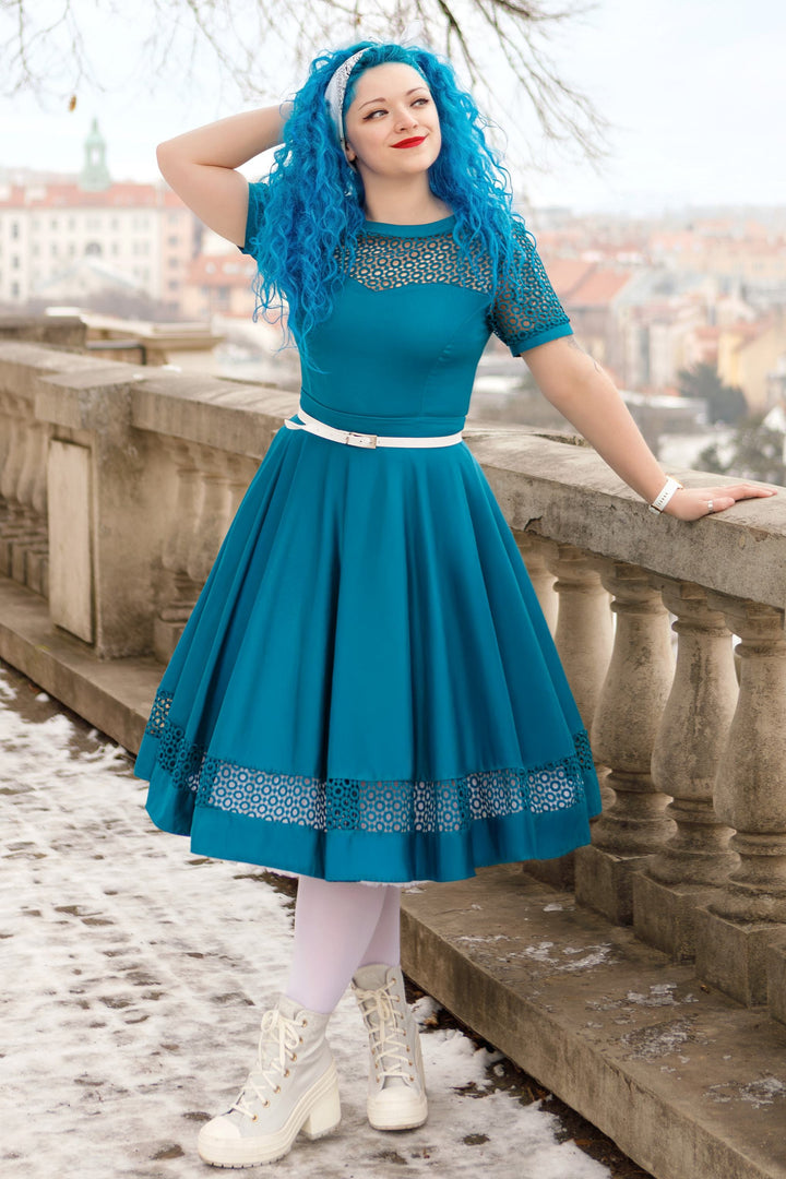 Tess Peacock Blue Sleeved Lace Midi Dress