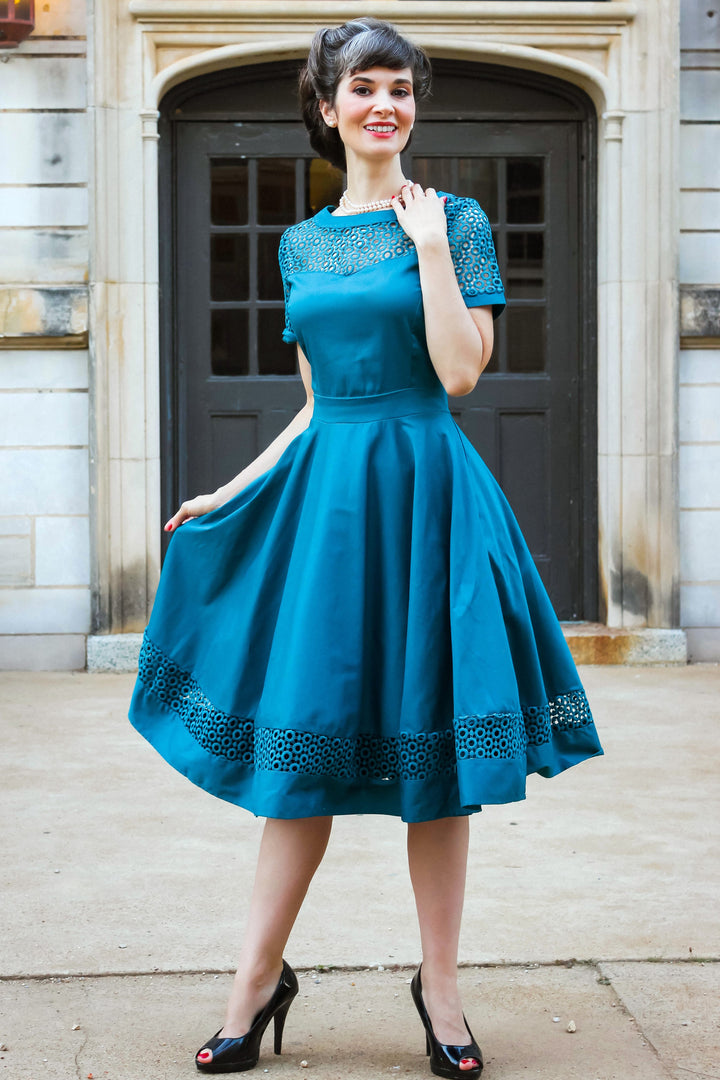Tess Peacock Blue Sleeved Lace Midi Dress by Dolly and Dotty