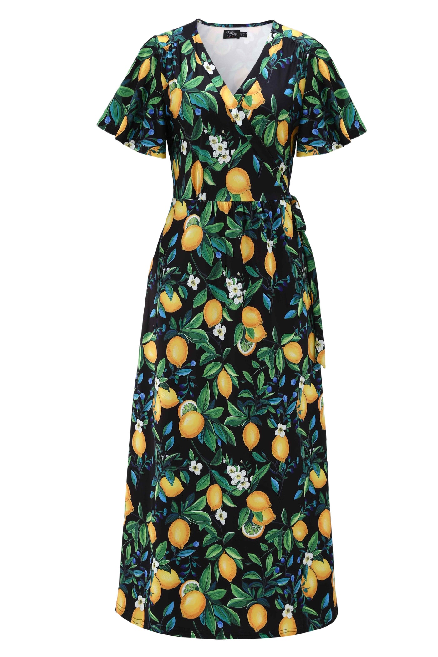 Front view of Lemon Maxi Wrap Dress