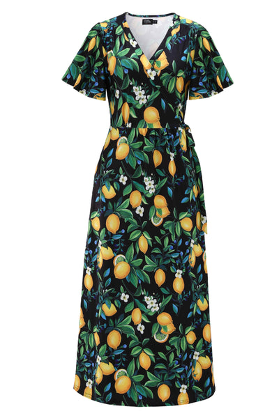 Front view of Lemon Maxi Wrap Dress