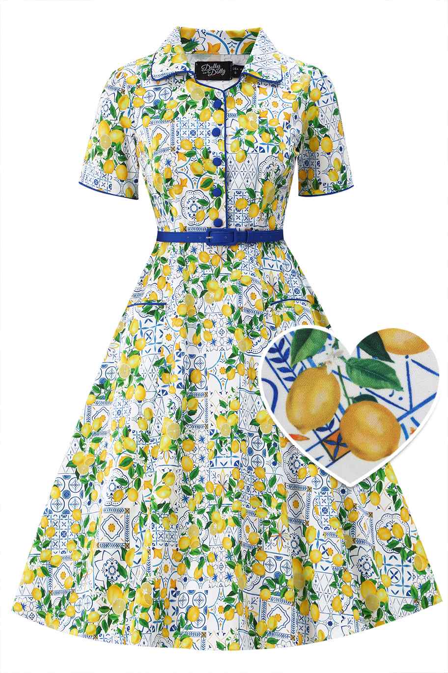 Front view of Mabel Mediterranean Lemon Midi Shirt Dress In White
