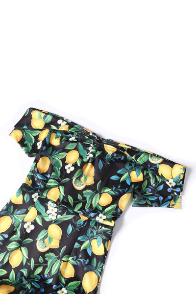 Close up View of Lemon Pencil Dress in Black