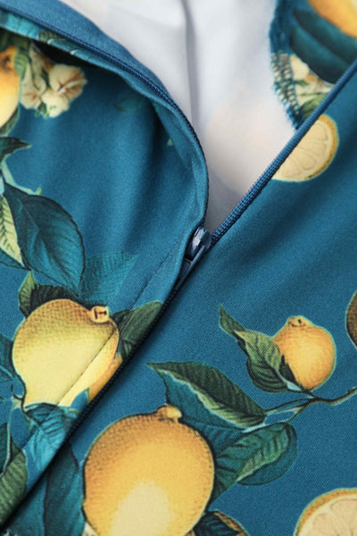 Close up View of Lemon Print Short Sleeved Dress in Blue
