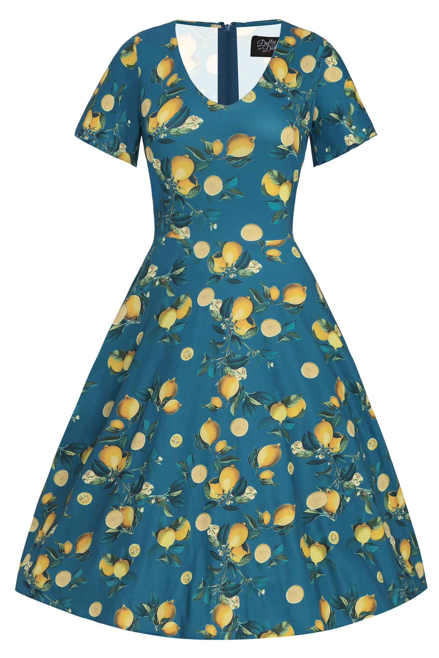 Palma Short Sleeved Tea Dress in Teal Blue Lemon Print