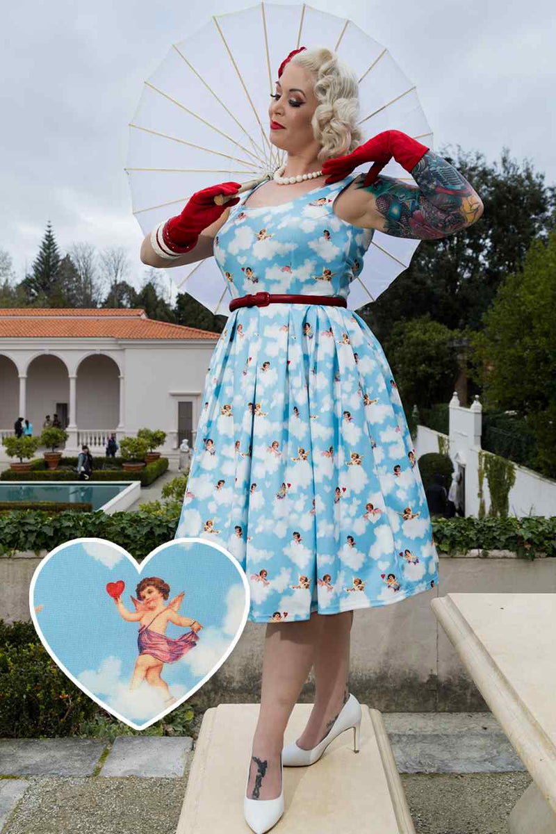 A model wearing Light Blue Clouds Cupid Swing Dress