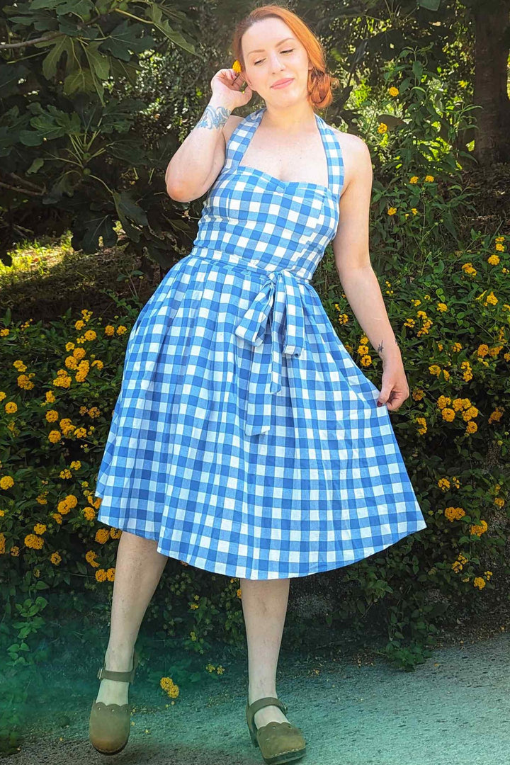Women's Vintage Light Blue Gingham Halterneck Dress Women's Vintage Light Blue Gingham Halterneck Dress