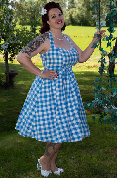 A model in Light Blue Gingham Halterneck Dress