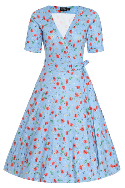 matilda light blue poppy floral wrap dress behind angle