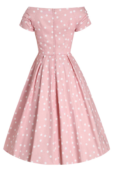 Back View of Light Pink and White Polka Dot Off Shoulder Dress
