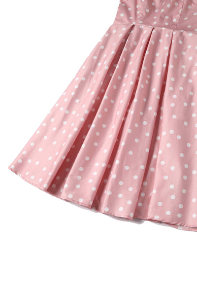 Close up View of Light Pink and White Polka Dot Off Shoulder Dress