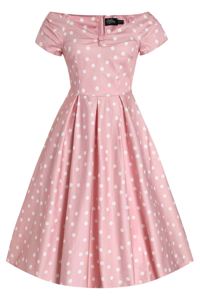 Front view of View of Light Pink and White Polka Dot Off Shoulder Dress