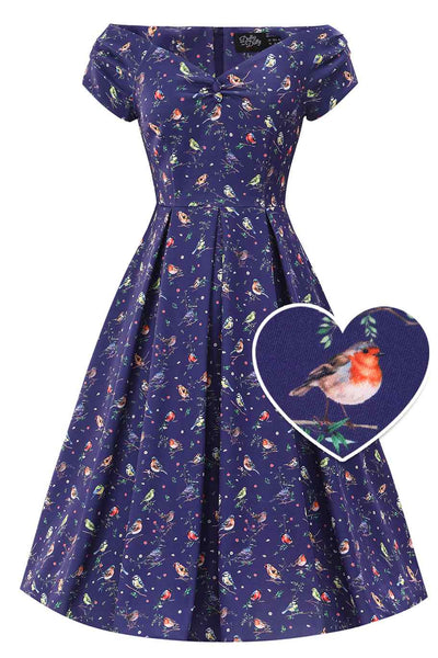 Front view of Bird Garden Off Shoulder Dress In Navy Blue